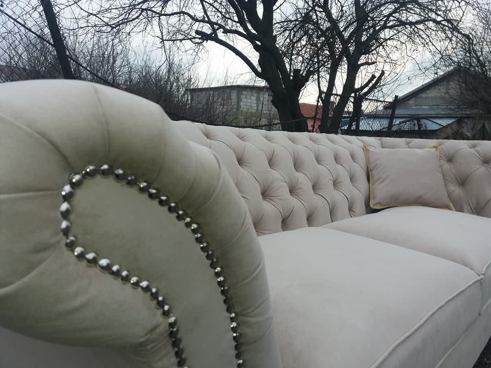 Canapea Chesterfield Bej Cu Cristale