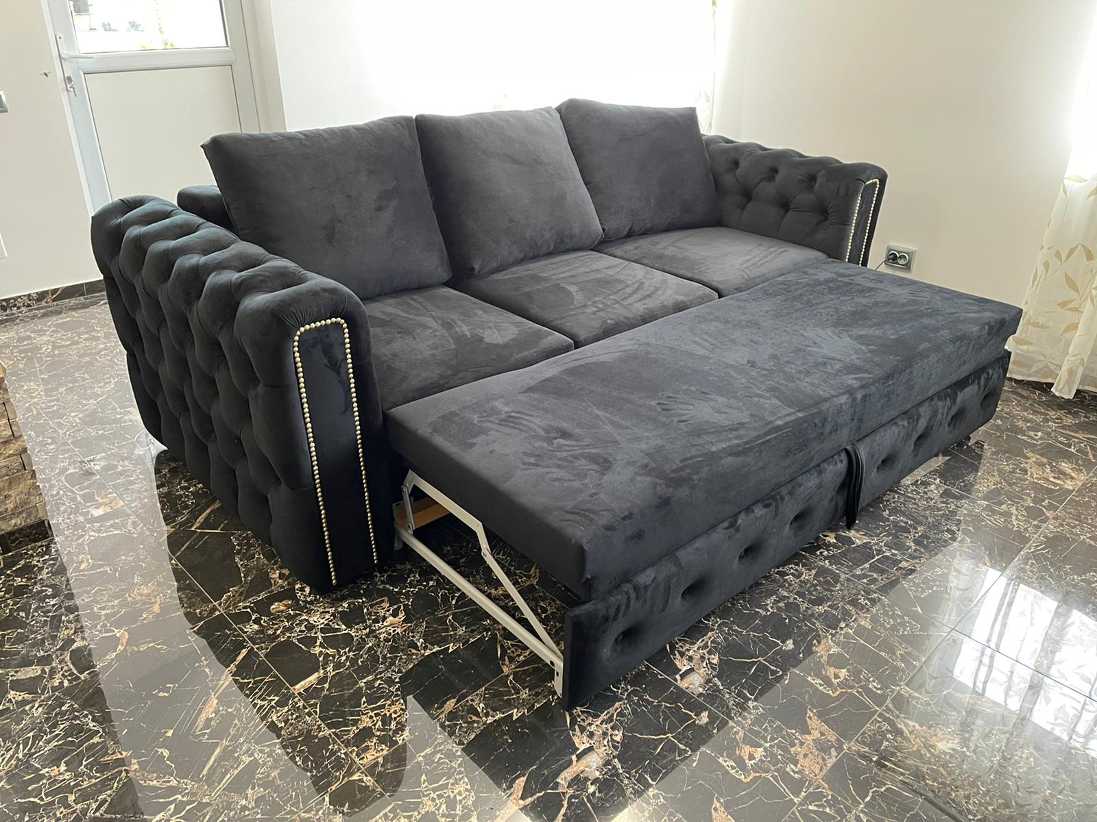 Canapea Coltar Chesterfield Negru Cu Argintiu